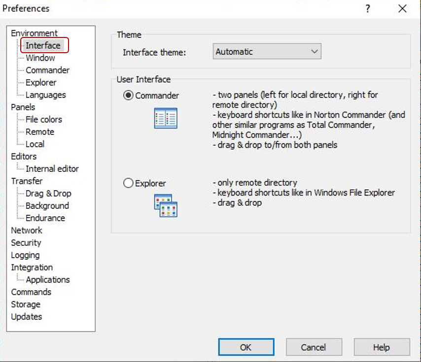 WinSCP interfaces
