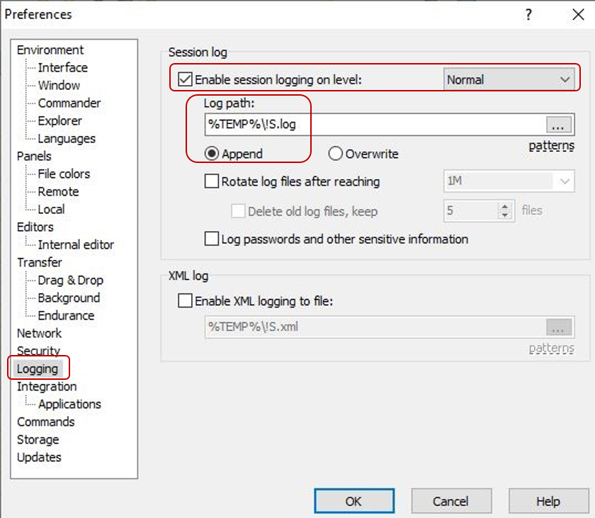 WinSCP logging